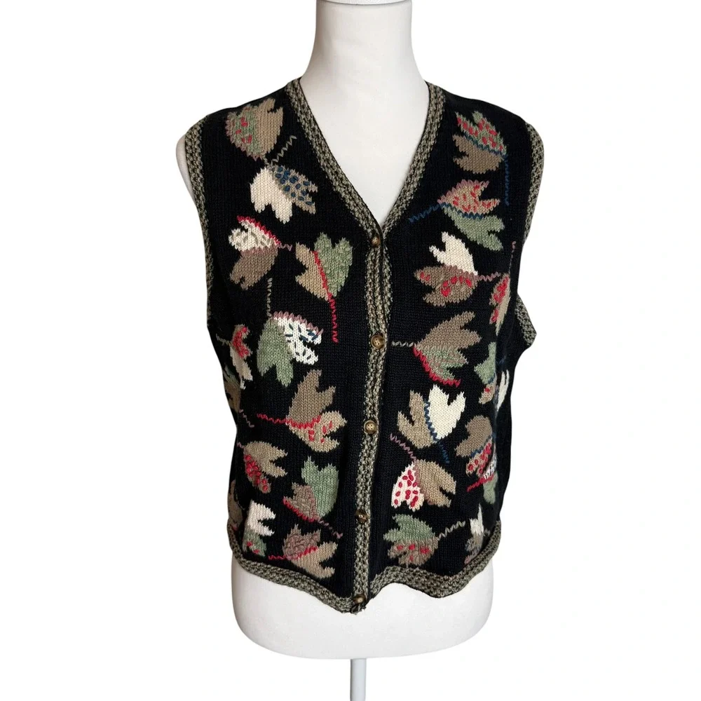 Christina Vintage Black Knit Leaf Sweater Vest Womens Ramie Cotton Fall M / L